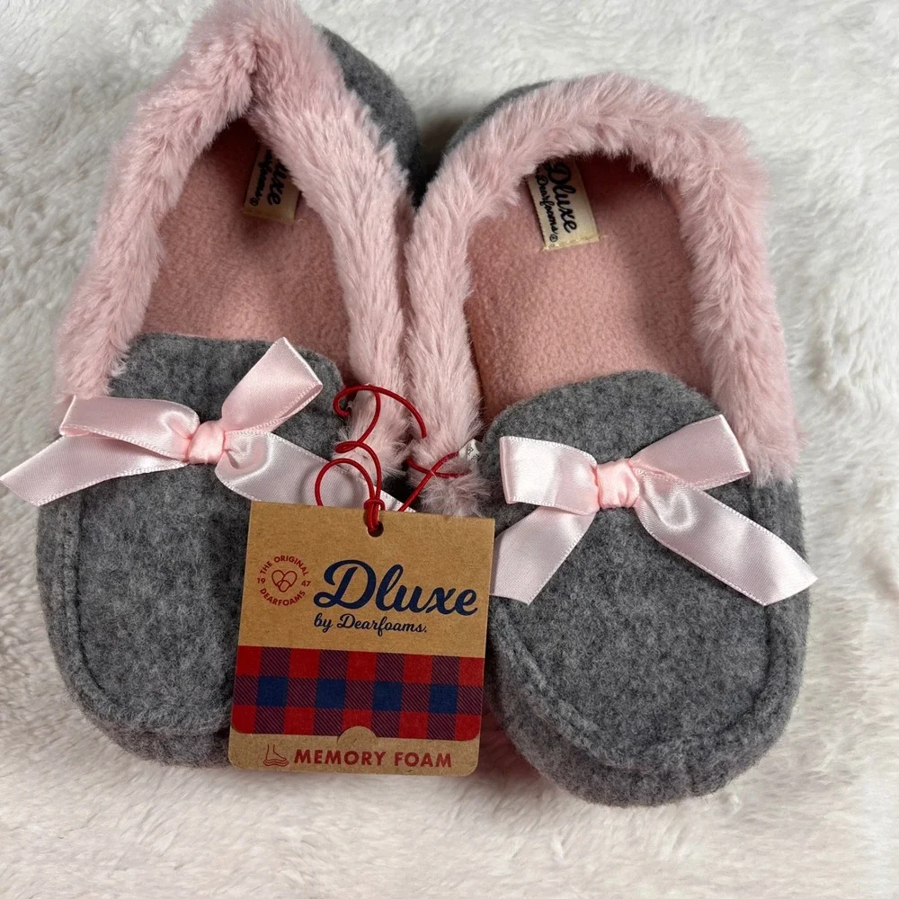 Dluze by Dearfoams Memory Foam Slippers‎ Pink Bow Gray Cozy Plush Size US 13-1